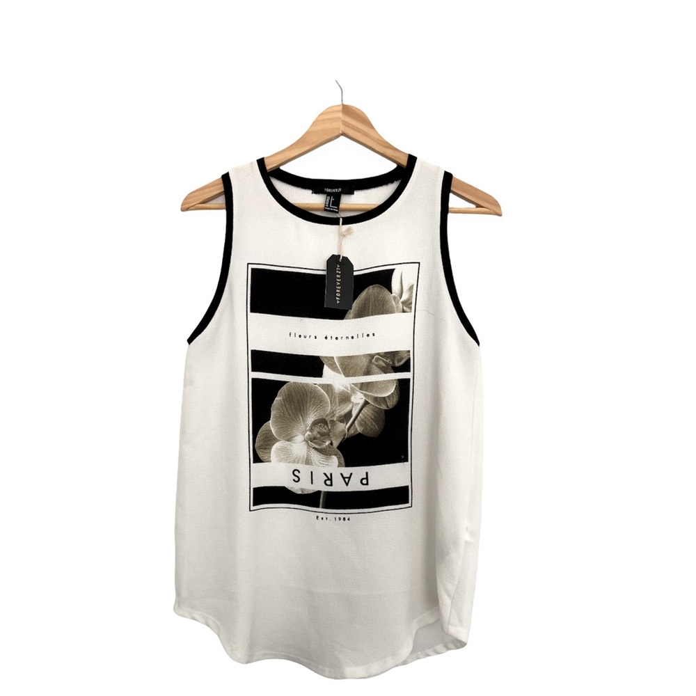NWT Forever 21 crepe white Paris graphic orchid top tank sz S